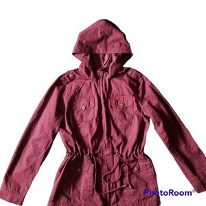 Outer Edge Purple Plum Utility Canvas Jacket with Drawsting Hoodie Size Medium